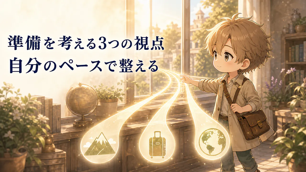 三つの光の導線を前に、海外旅行の準備を考える成人旅行者の見出し用イラスト。