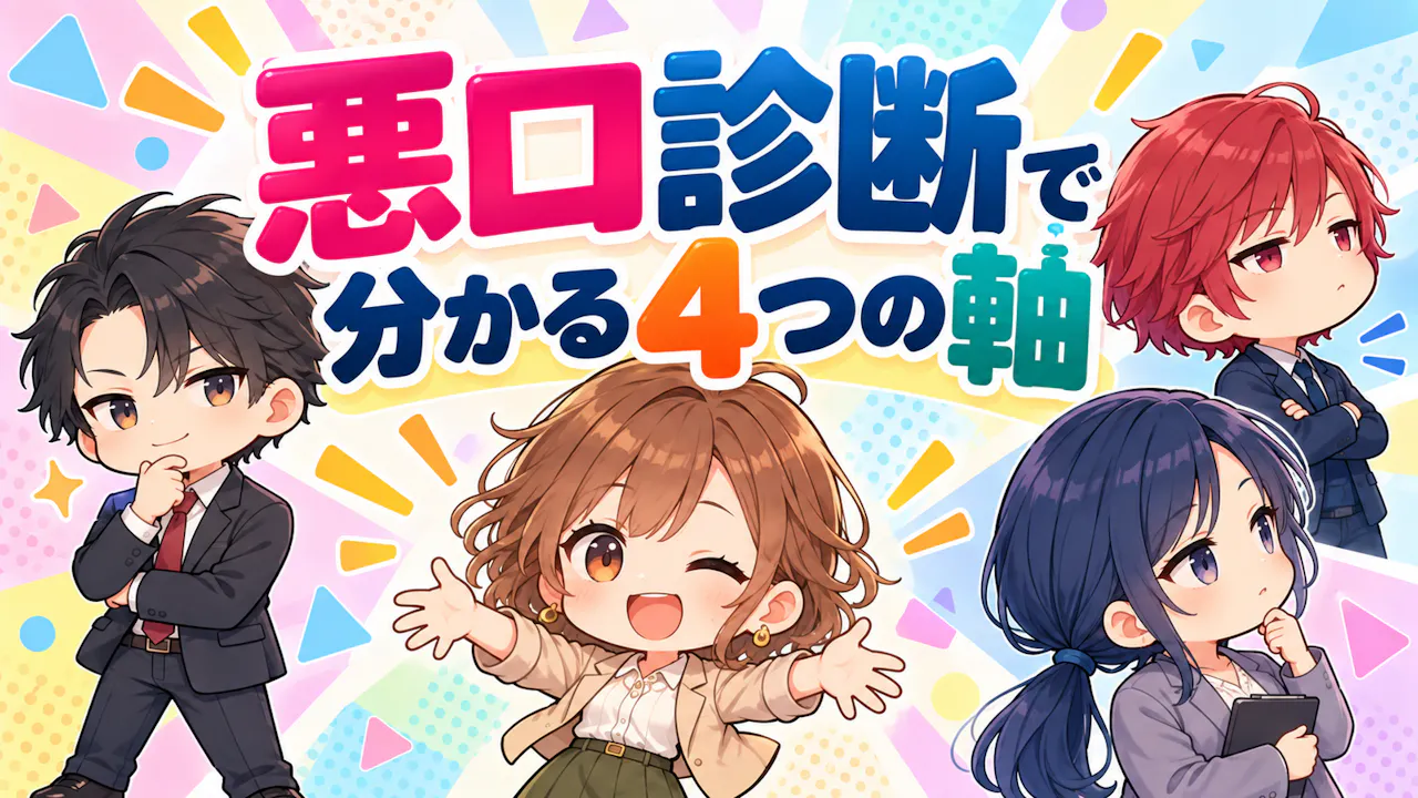 四人が四方向へ異なる姿勢をとる。茶色外ハネ髪の女性・ベージュジャケット・大きな丸い目を中心に全員ちびキャラ