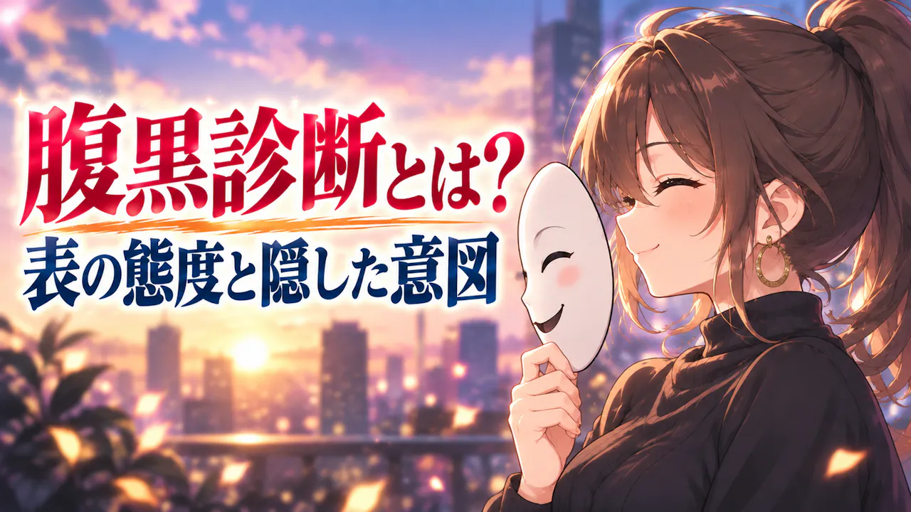濃茶のポニーテールの成人女性と笑顔の仮面で、腹黒診断とは？を考える場面。