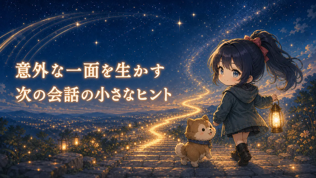 星空の石段から、黒髪ポニーテールの成人ちびキャラと犬が光の道へ進む見出し画像