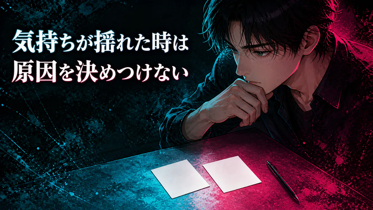 気持ちが揺れ始めた場面を無文字カードで整理する成人男性のイラスト