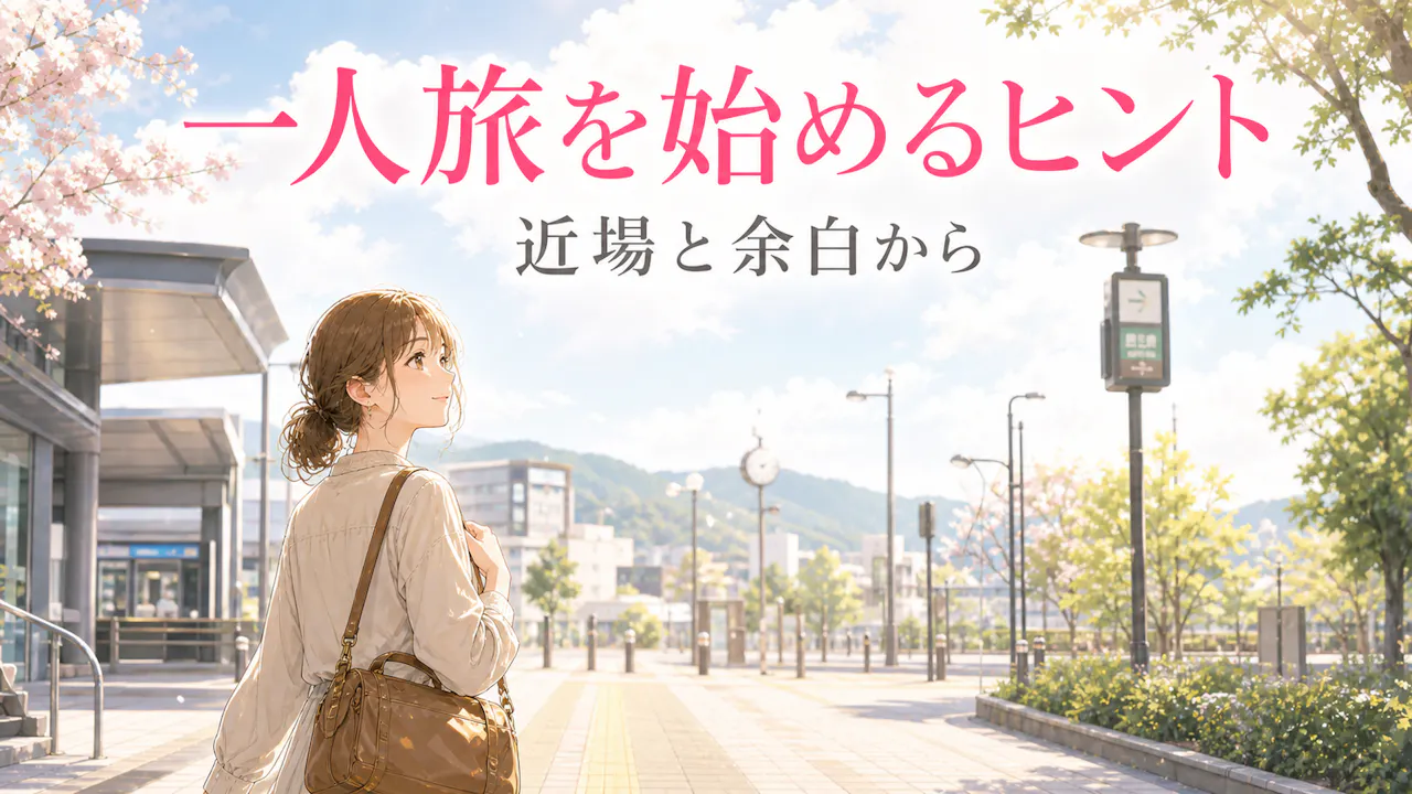 明るい駅前の道を小さなバッグで歩き始める成人旅行者の画像