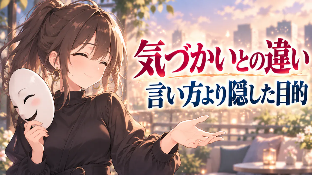 濃茶のポニーテールの成人女性と笑顔の仮面で、気づかいと腹黒さの違いを考える場面。