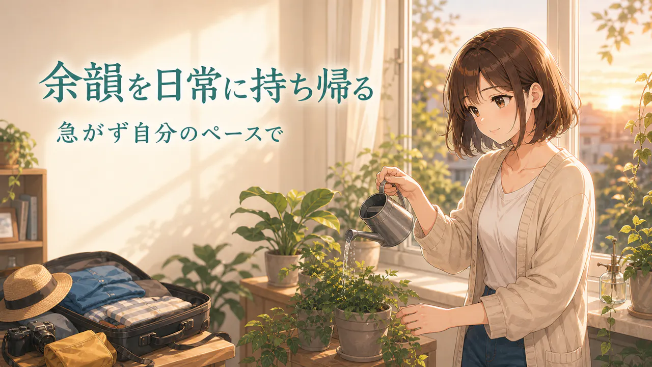 窓辺の植物に水をやりながら旅の余韻を日常へ持ち帰る成人女性の画像