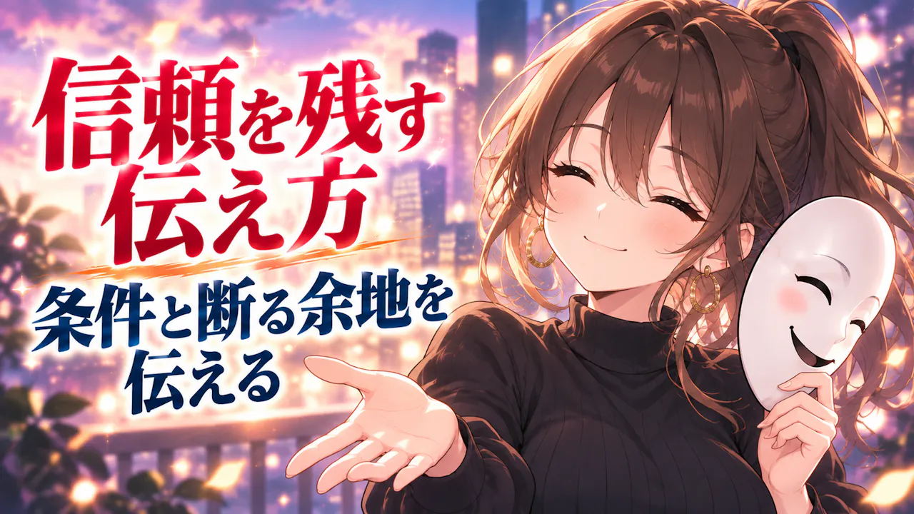濃茶のポニーテールの成人女性と笑顔の仮面で、信頼を残す本音の伝え方を考える場面。