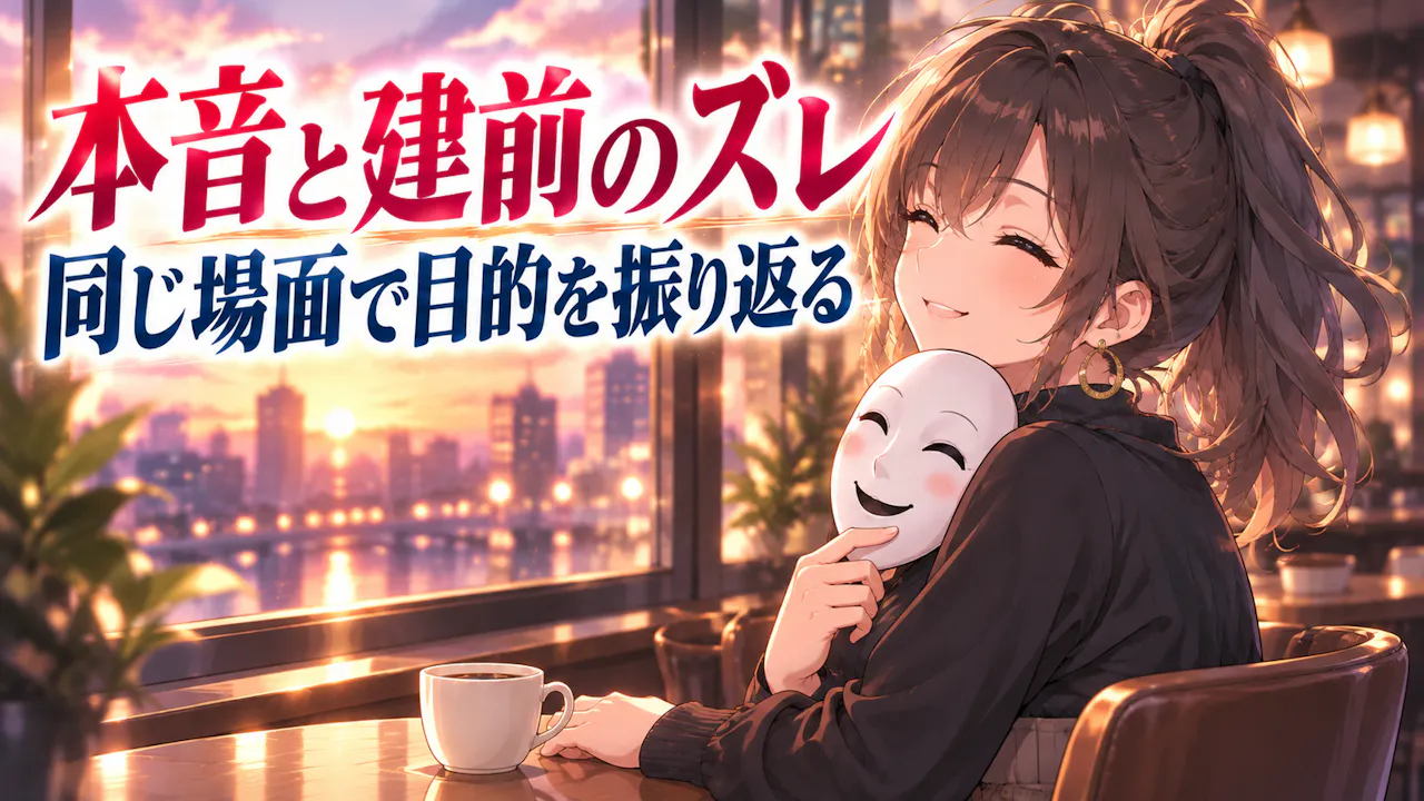 濃茶のポニーテールの成人女性と笑顔の仮面で、本音と建前がずれる場面を考える場面。