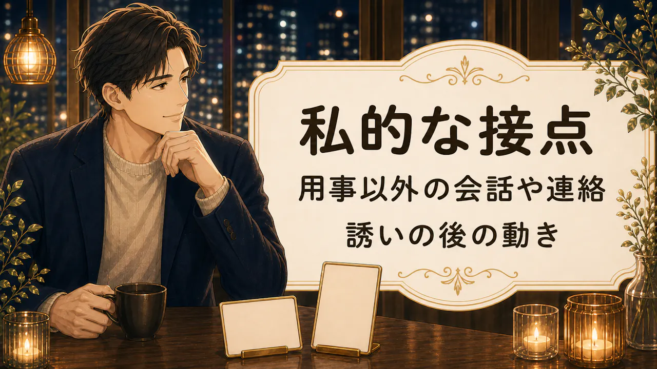 年上男性の脈あり診断。カフェでカップを持つ男性と、用事以外の会話や連絡、誘いの後の動きを見る案内。