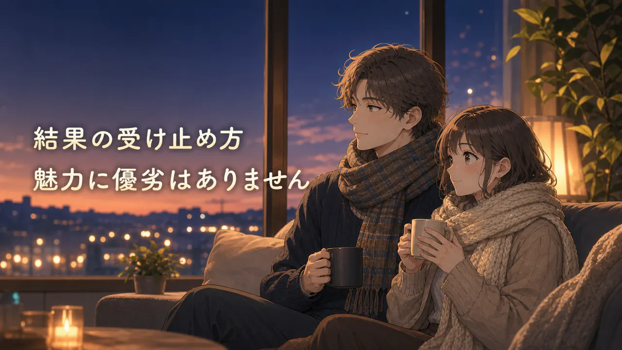 夕暮れの室内で結果を自分らしく受け止めるように微笑む成人の見出し画像