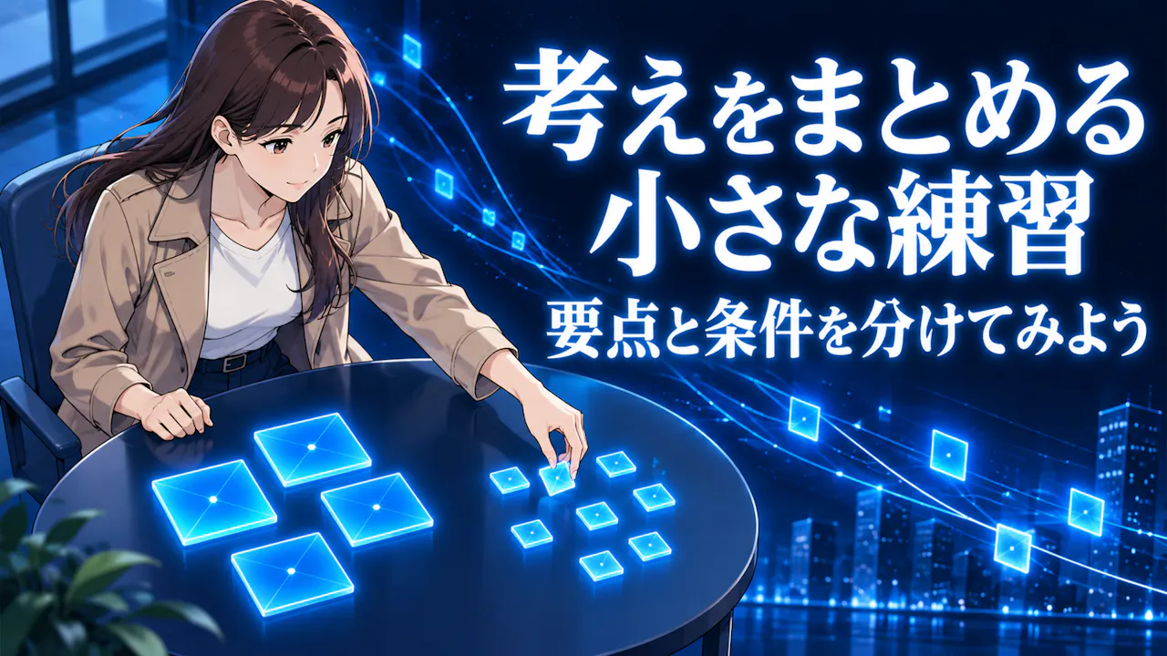成人女性が小さなテーブルで日常の予定を整理する練習。卓上の抽象光片を大きい要点群と小さい条件群へ分けて並べる。助言の手順を見せる本文画像。
