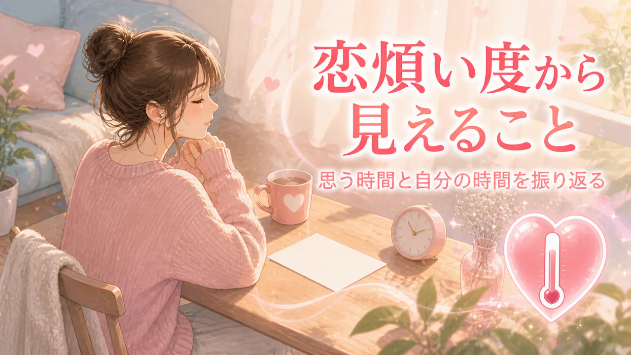 恋煩い度から見えることを時計とハート温度計で振り返るイラスト