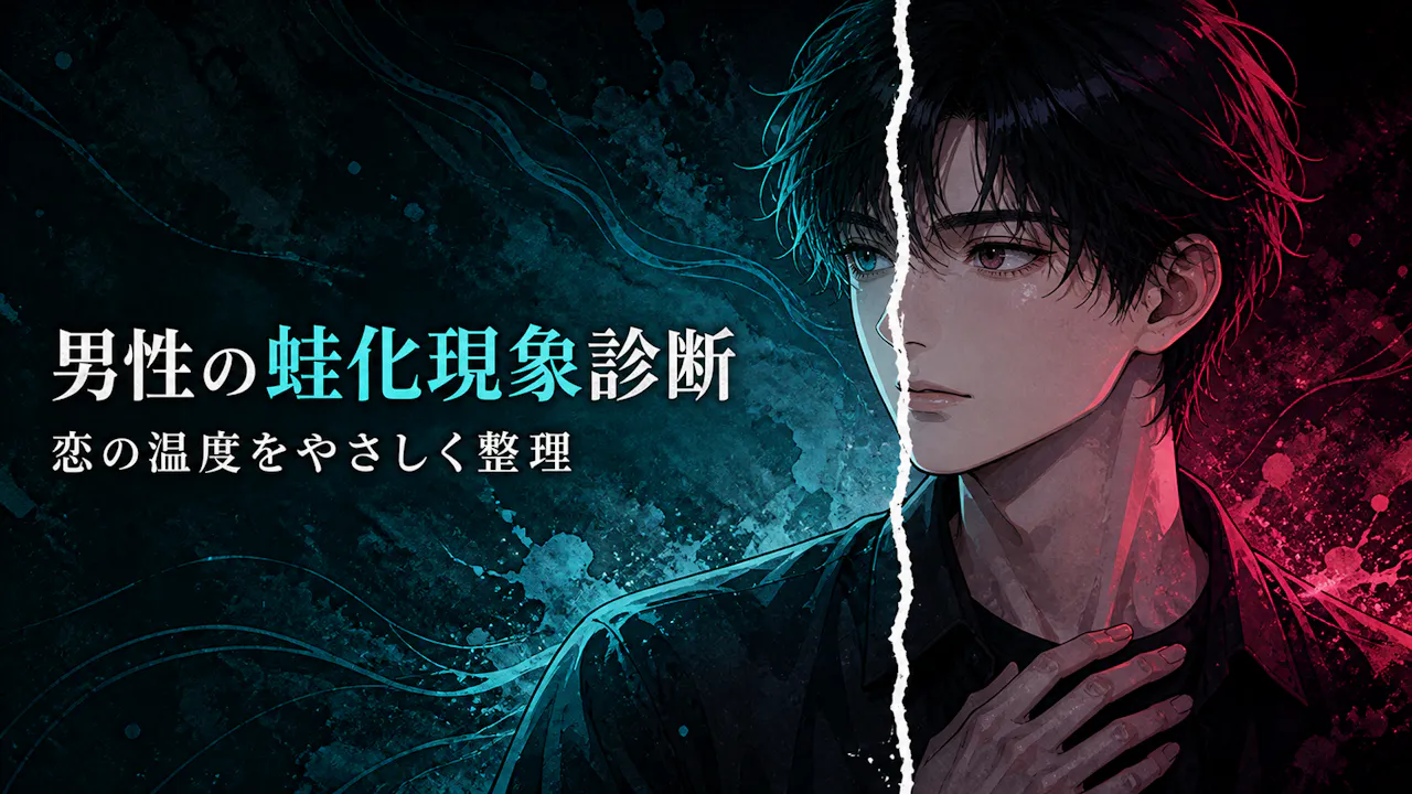 恋の温度を青緑と紅色の光で整理する成人男性のイラスト