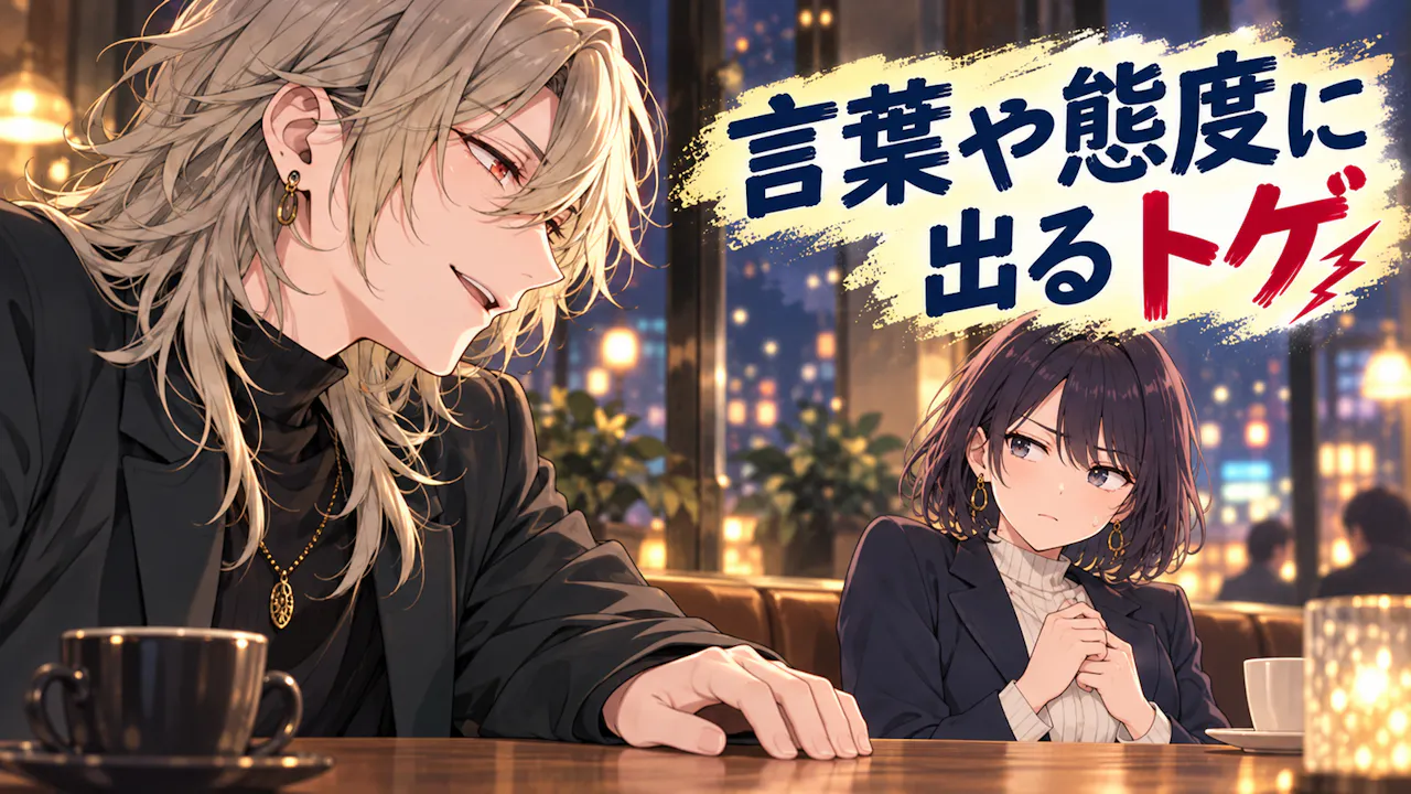 男性が皮肉な発言をして女性がためらう、言葉や態度のトゲが見えるカフェ会話。