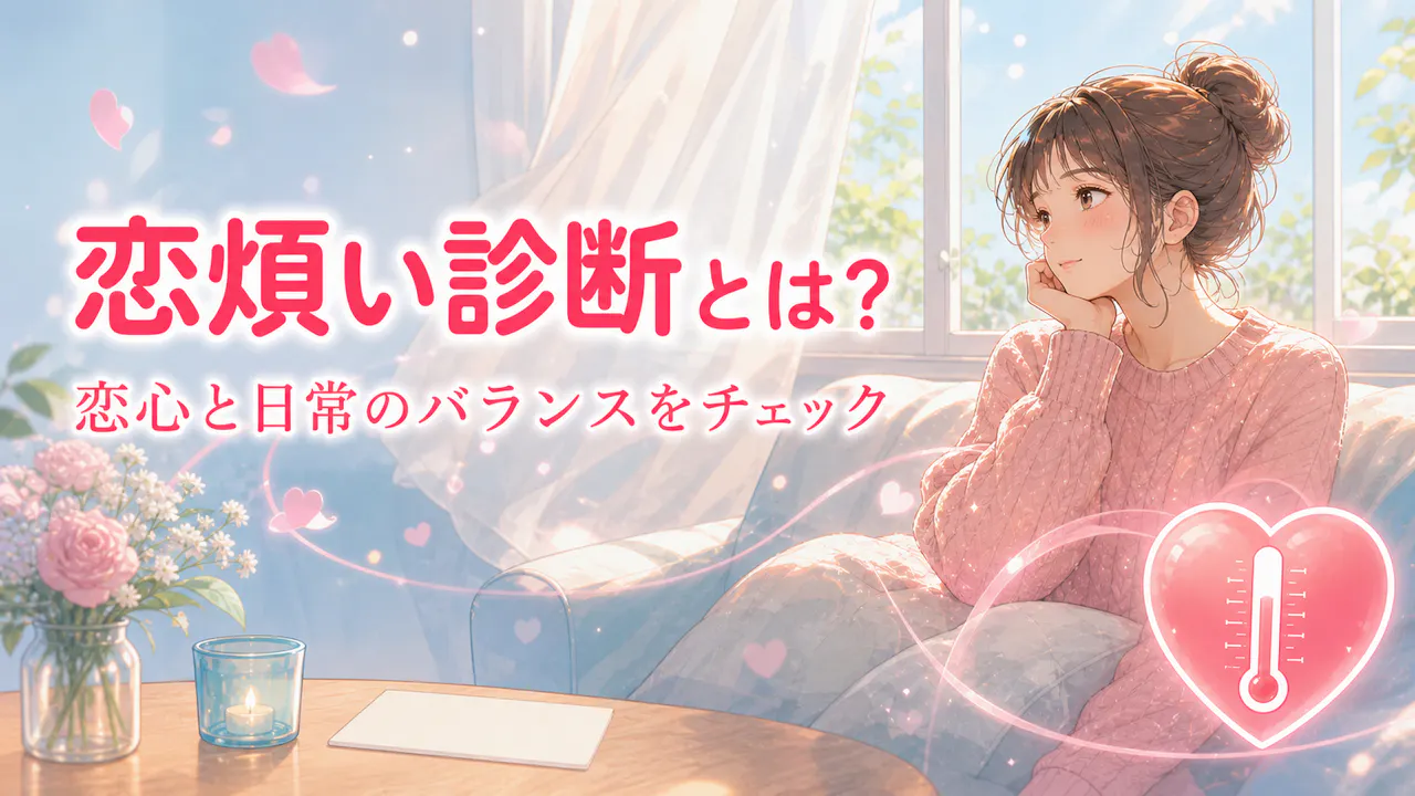 恋煩い診断とは何かをハート温度計とともに見つめるイラスト