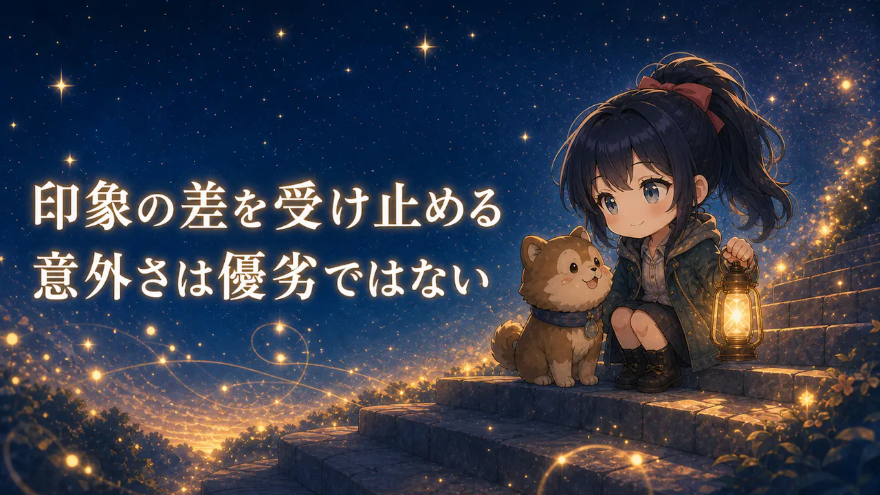 夜の石段で、黒髪ポニーテールの成人ちびキャラと犬が柔らかな光に包まれている見出し画像