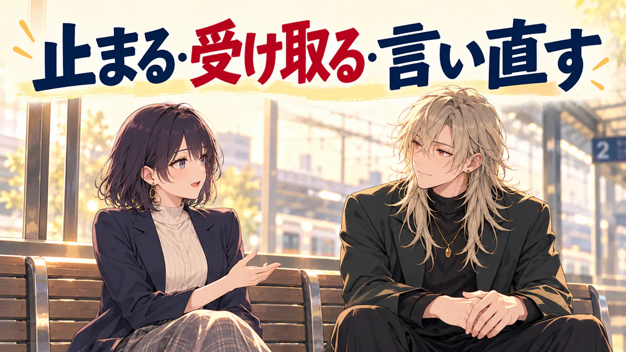 男性が会話を急がず女性の発言を受け取る、穏やかな駅のベンチ。言い直すコツを描く記事本文。