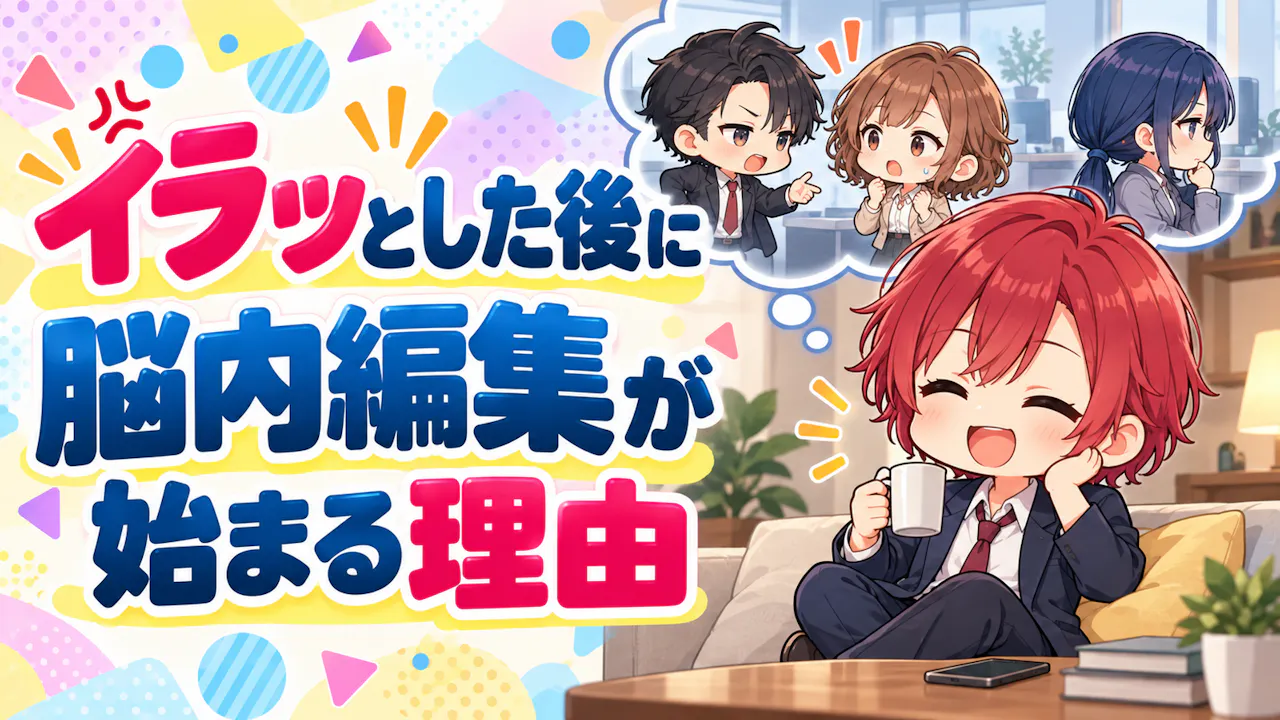 一人が帰宅後に会話を思い返す。赤髪の男性・紺ジャケット・半月の笑い目を中心に全員ちびキャラ