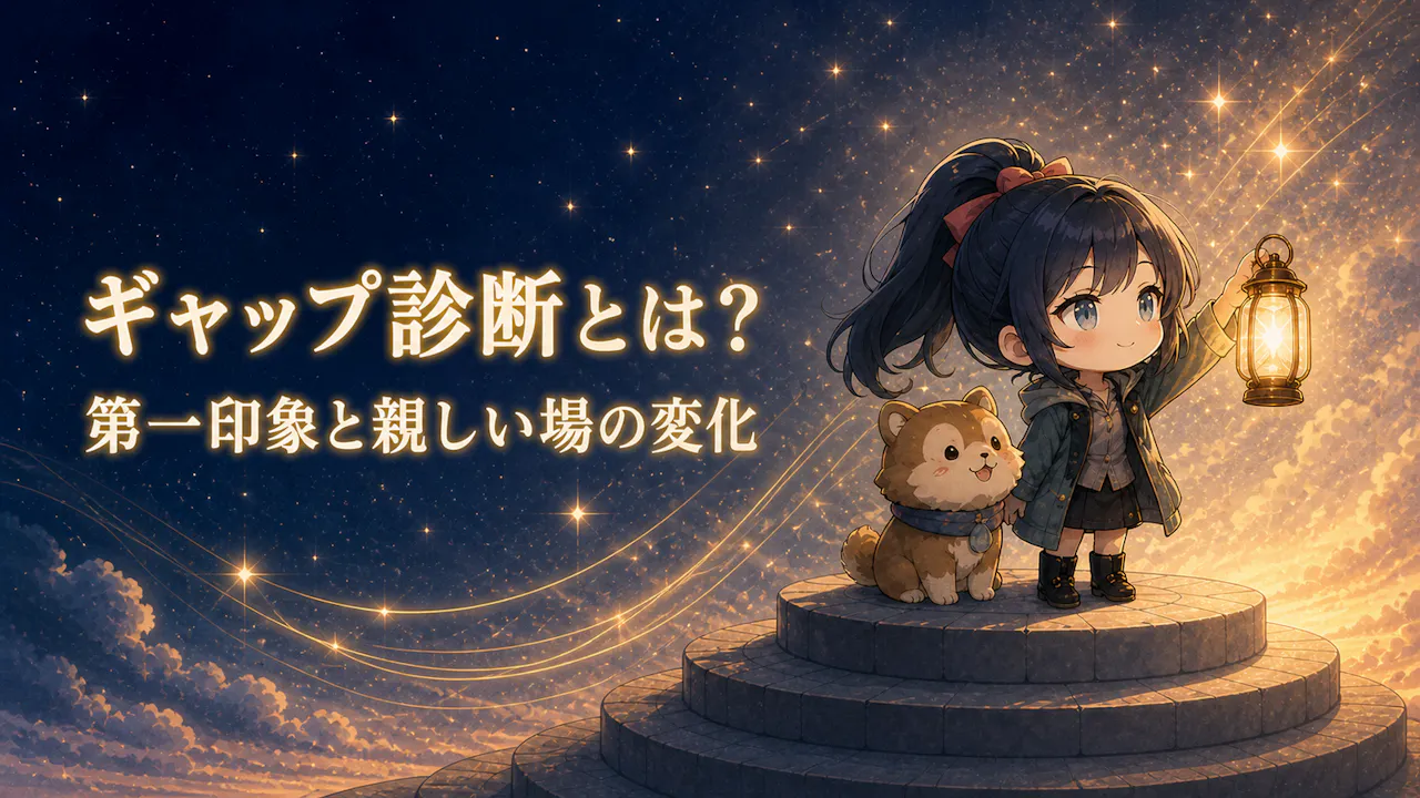 星空と石段で、黒髪ポニーテールの成人ちびキャラと犬が初対面と親しい関係の変化を表す見出し画像