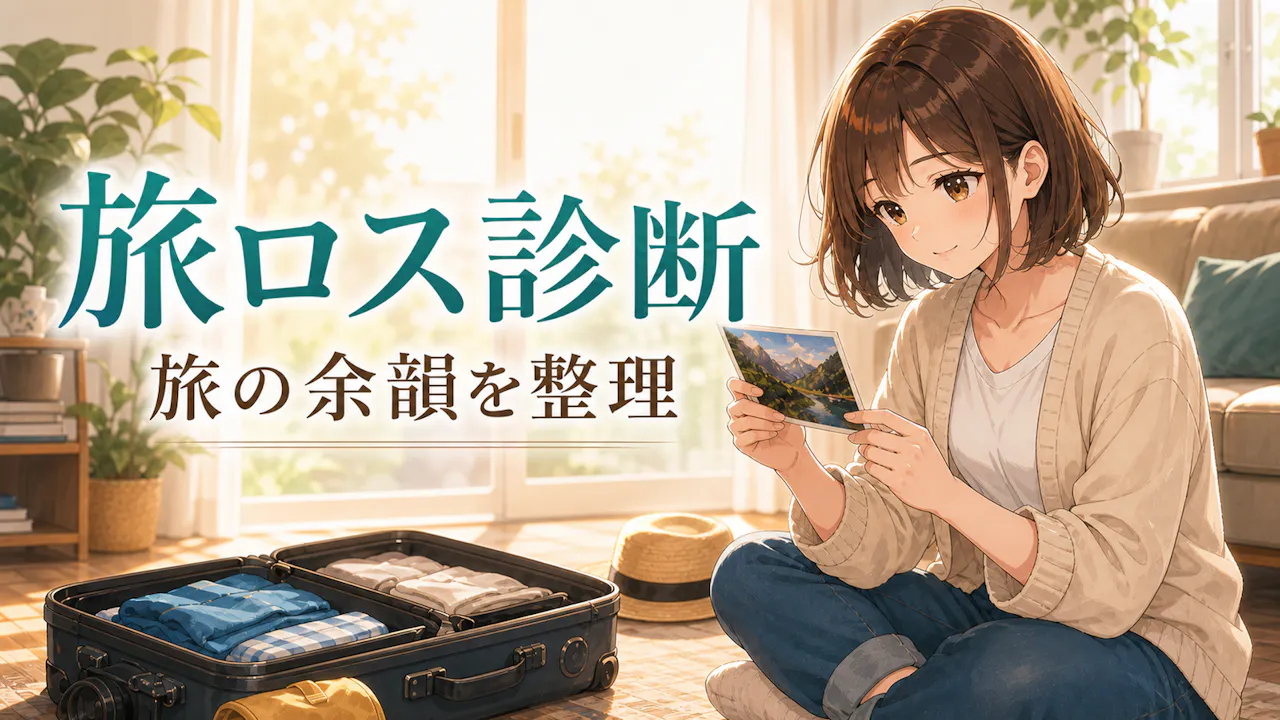 帰宅後の部屋で旅の写真を見ながら気持ちを整理する成人女性の画像