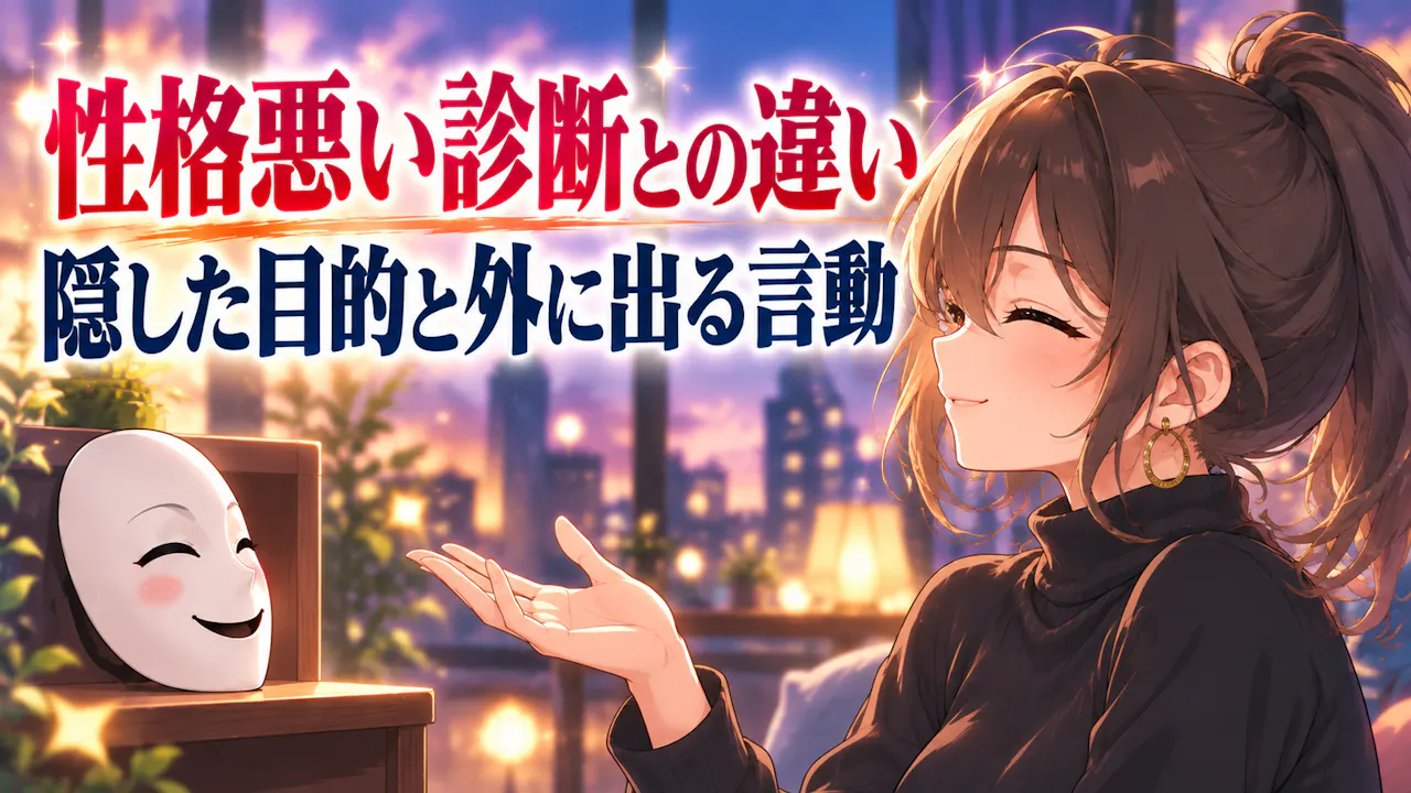 濃茶のポニーテールの成人女性と笑顔の仮面で、性格悪い診断との違いを考える場面。