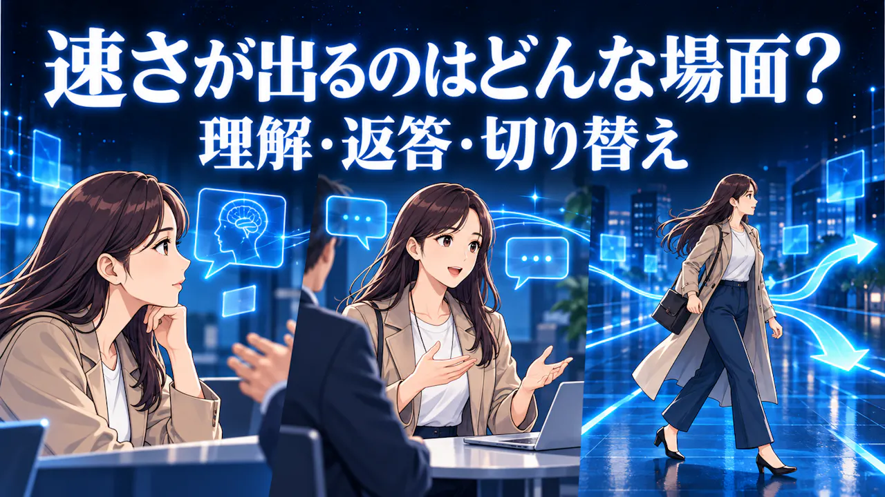同じ成人女性の三つの日常場面を横に並べる。左は説明を聞く顔、中は対話に返答する腰上、右は進行方向を変える全身。理解・返答・切り替えの違いを動作で表す。